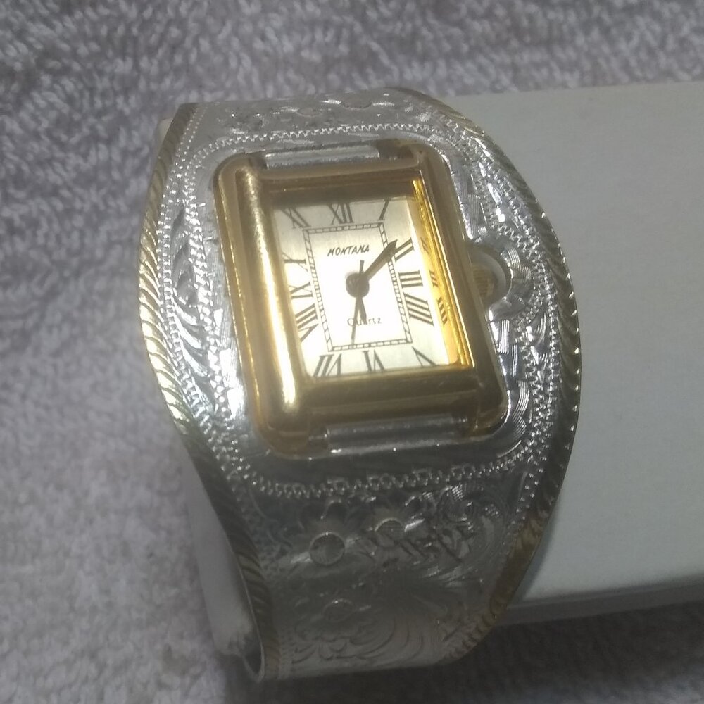 Montana Silversmiths Cuff Watch Silver Flower Filigree Silver Dial New Bat EC